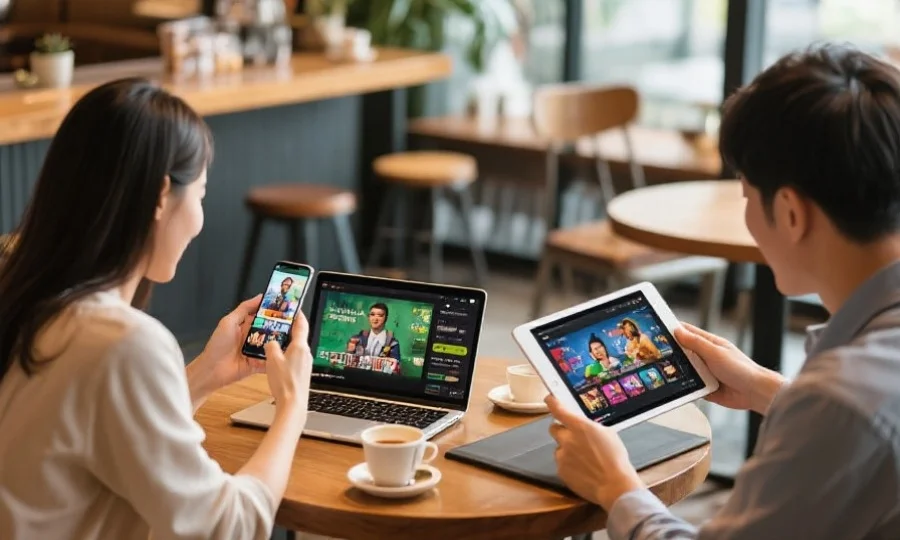 用户在咖啡馆中用手机、笔记本和平板同步浏览娱乐内容，环境轻松