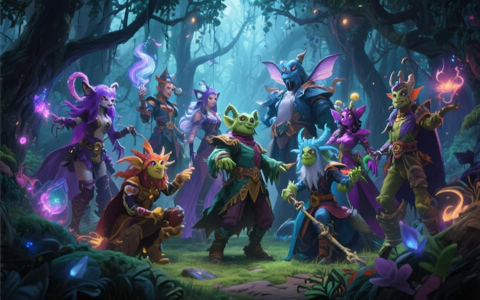 一群风格各异的奇幻角色在魔法森林中集结，充满活力和魔幻色彩